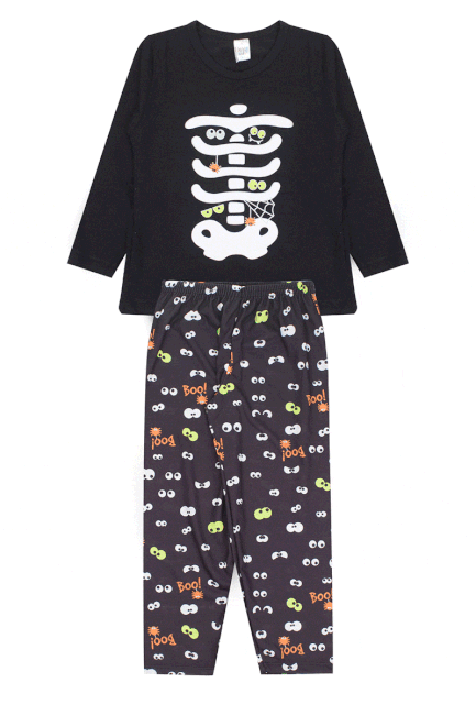 Pijama Infantil Masculino Inverno Esqueleto- Hey Kids Preto